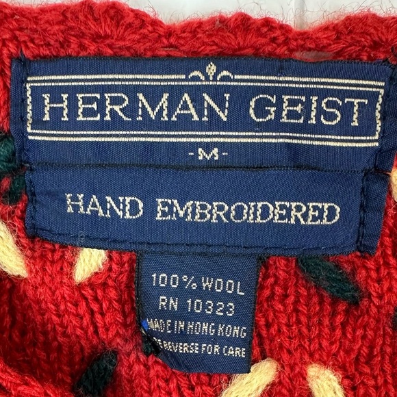 Vintage Herman Geist 100% Wool Red Brown Tan Hand Embroidered Cardigan Size M - Picture 5 of 13